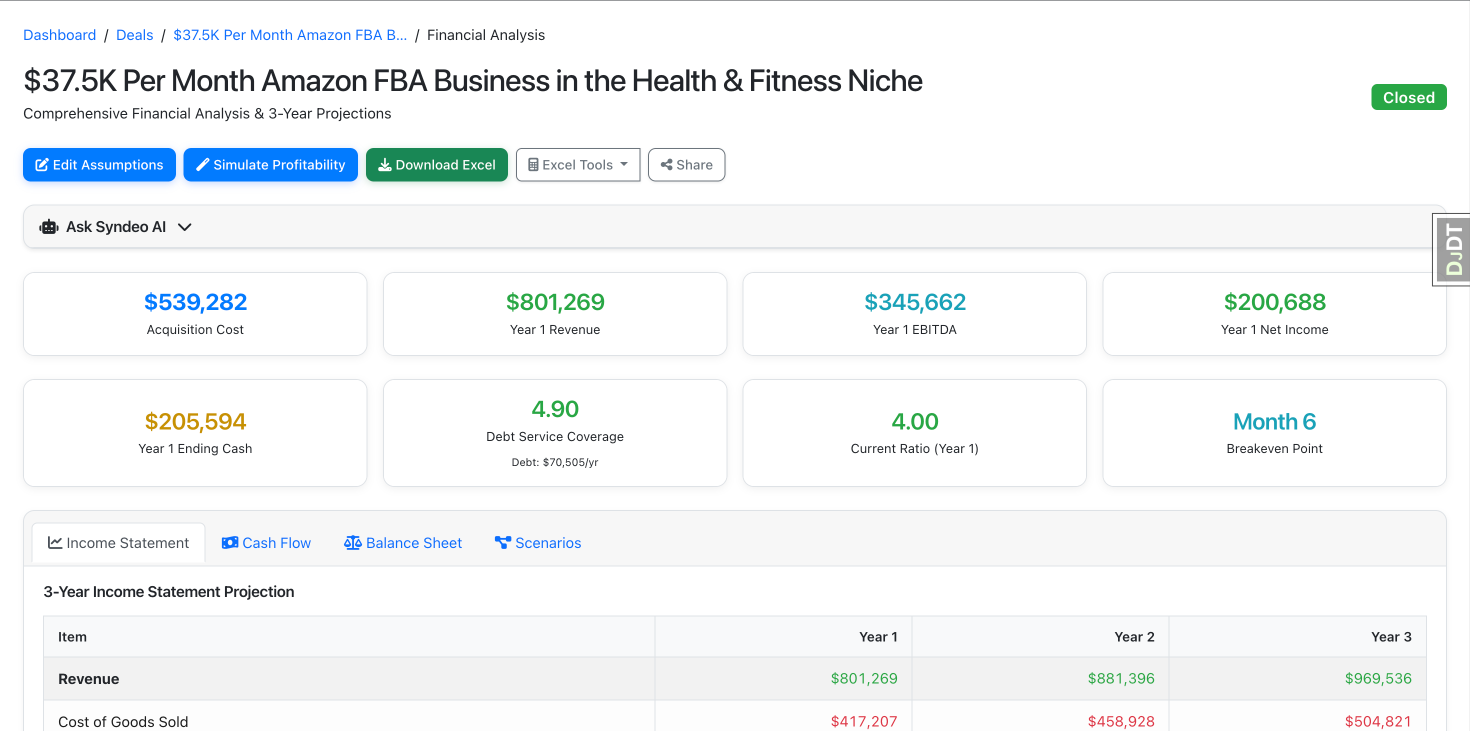 The Acquisitions prototype's financial analysis view: acquisition cost, year-one revenue, EBITDA and a 3-year income statement projection
